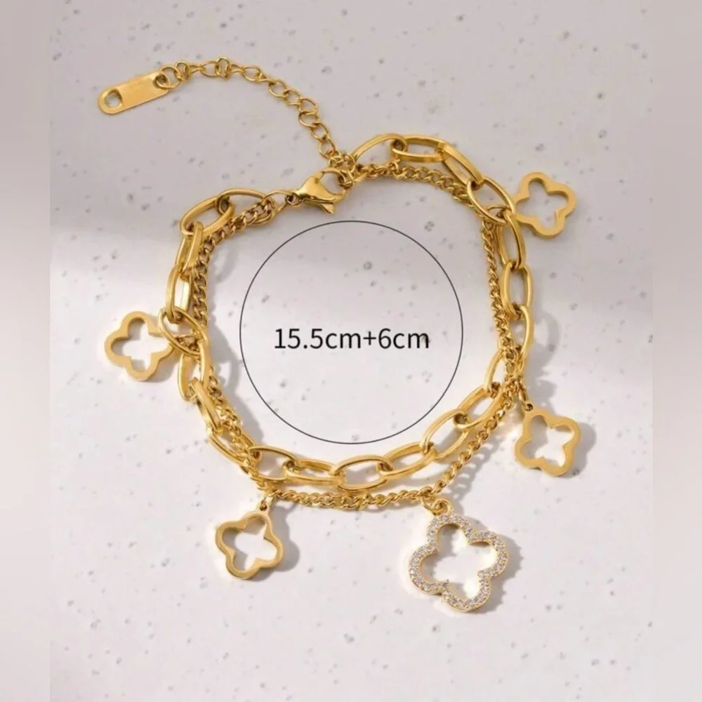 Elegant Gold Bracelet with Motif Flower Charms Double Chain